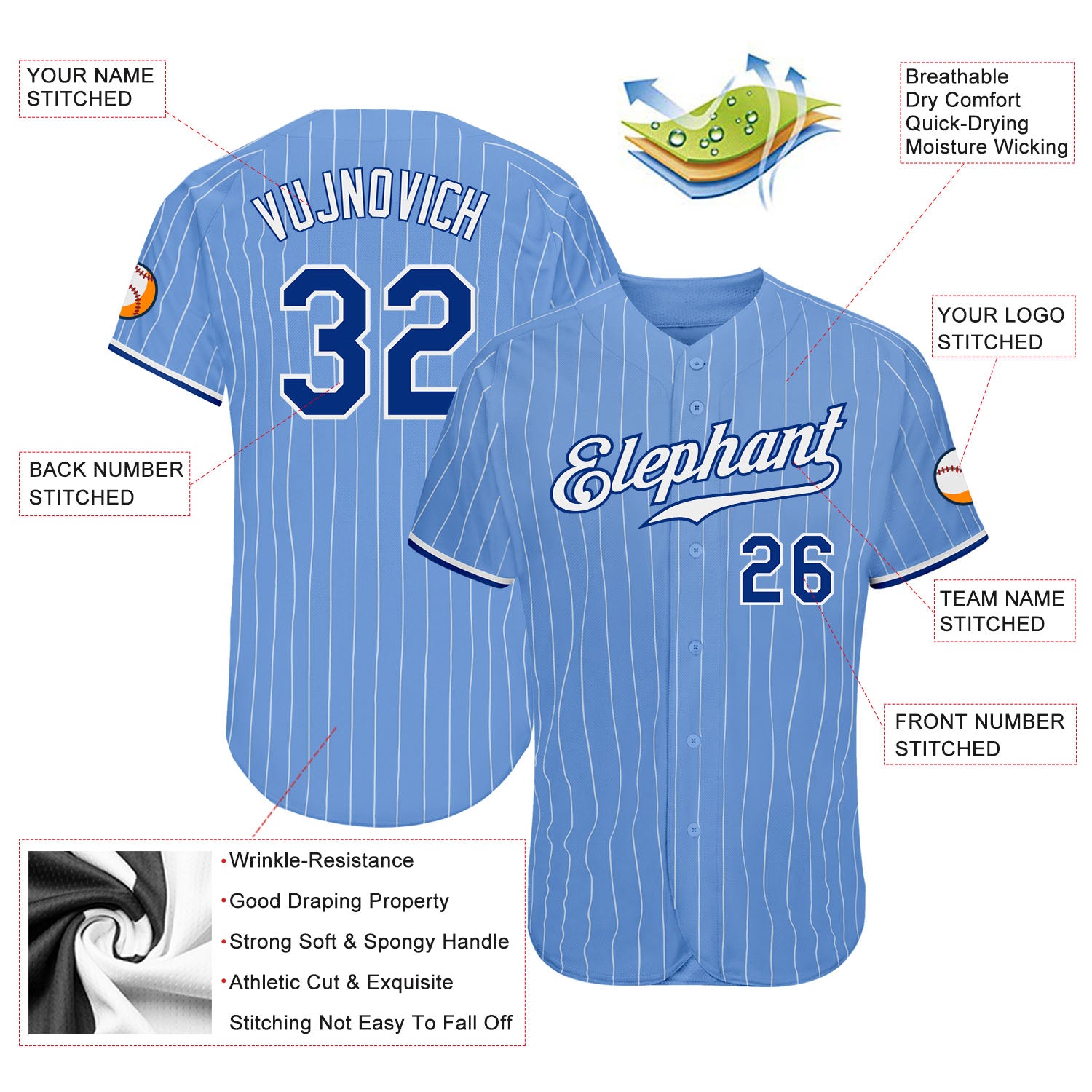 Custom Light Blue White Pinstripe Royal-White Authentic Baseball Jersey - Image 3