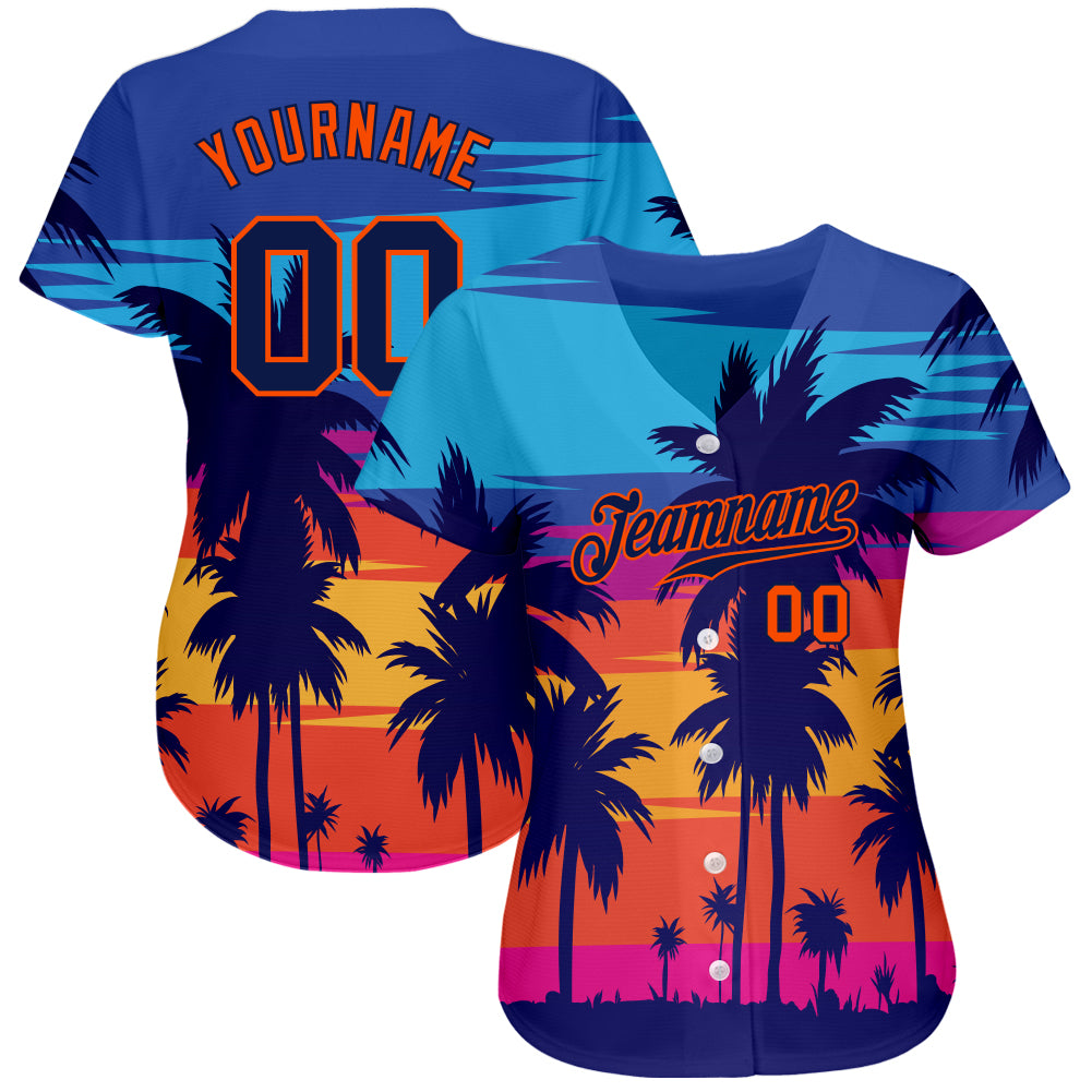 Custom Royal Navy-Orange 3D Pattern Design Palm Trees Authentic Baseball Jersey - Image 2