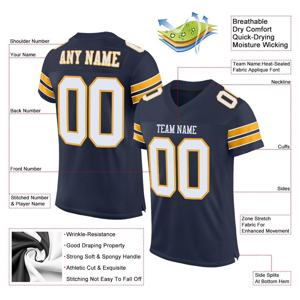 Custom Navy White-Gold Mesh Authentic Football Jersey - Image 5