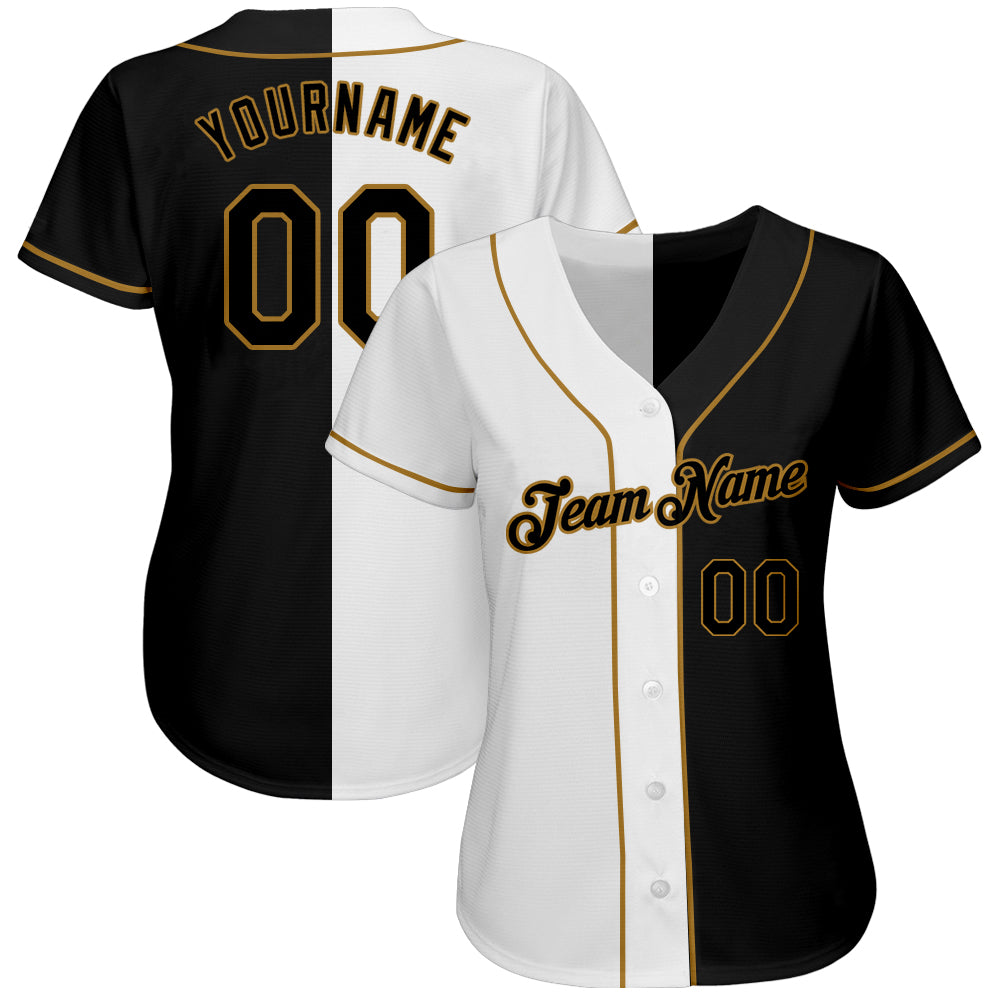 Custom White-Black Old Gold Authentic Split Fashion Baseball Jersey - Image 3