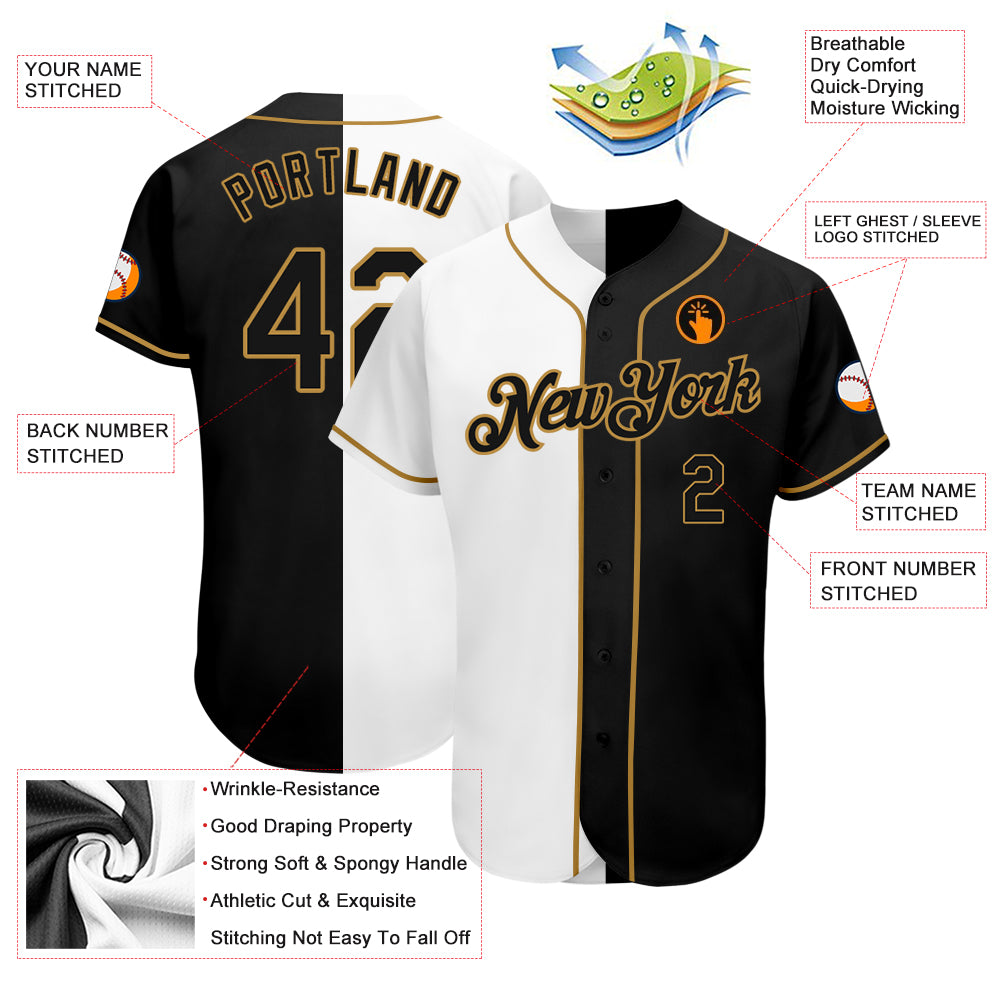 Custom White-Black Old Gold Authentic Split Fashion Baseball Jersey - Image 4