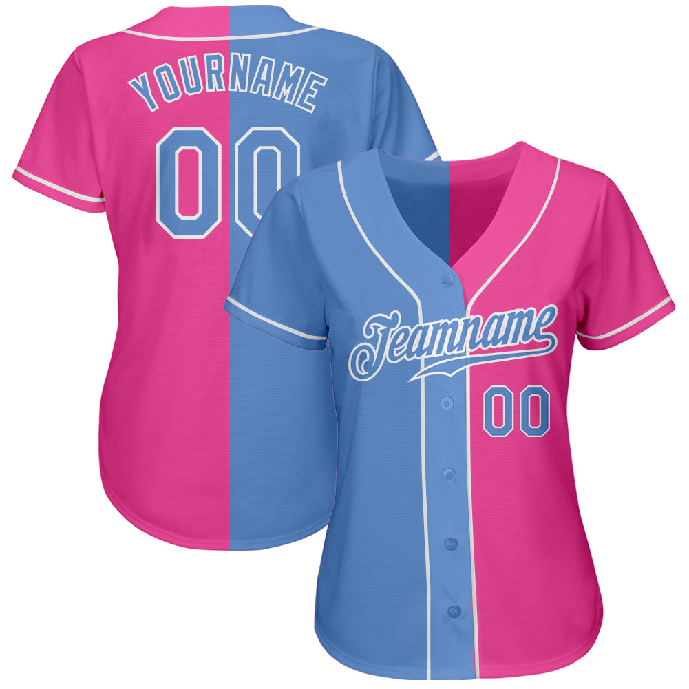 Custom Pink Light Blue-White Authentic Split Fashion Baseball Jersey - Image 2