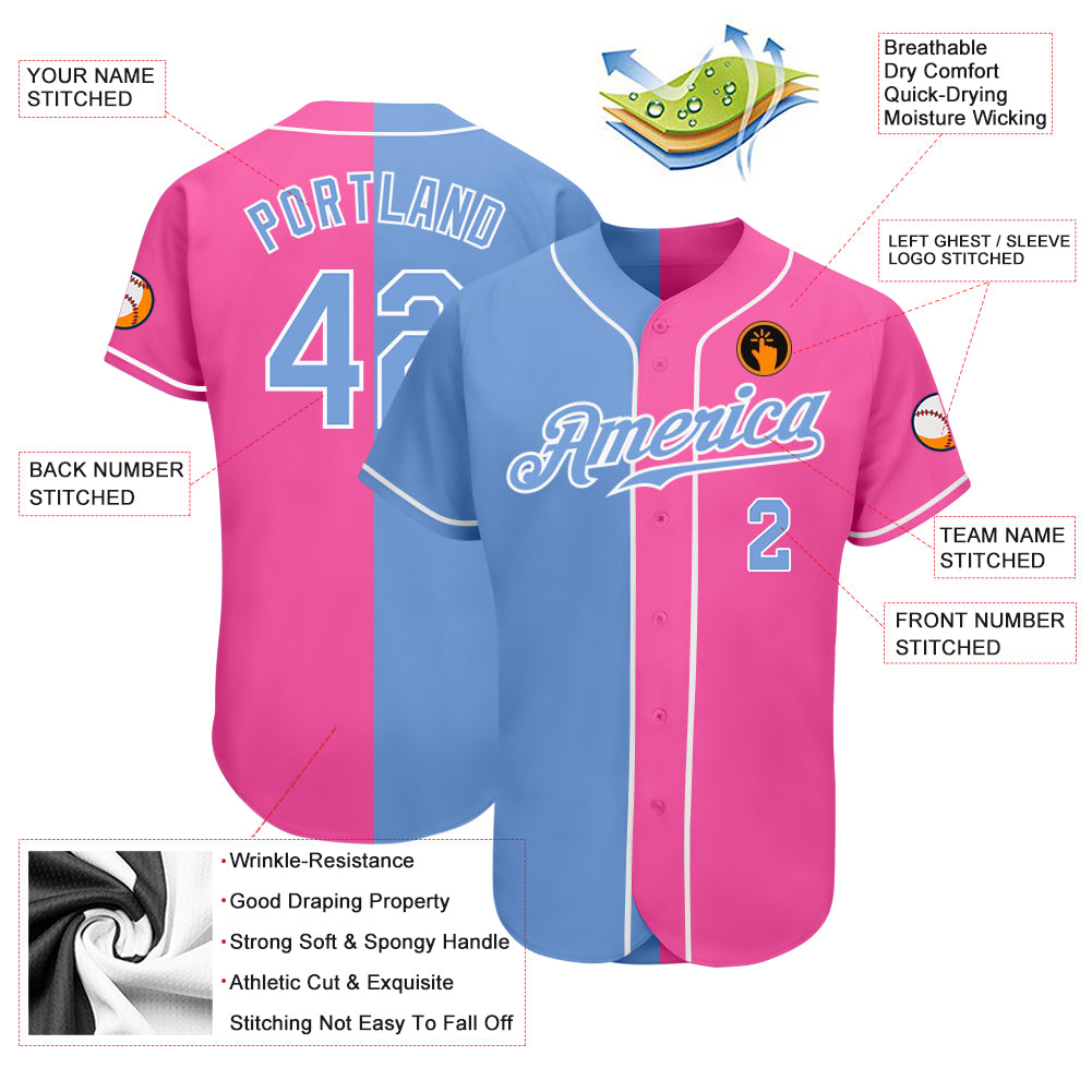 Custom Pink Light Blue-White Authentic Split Fashion Baseball Jersey - Image 3