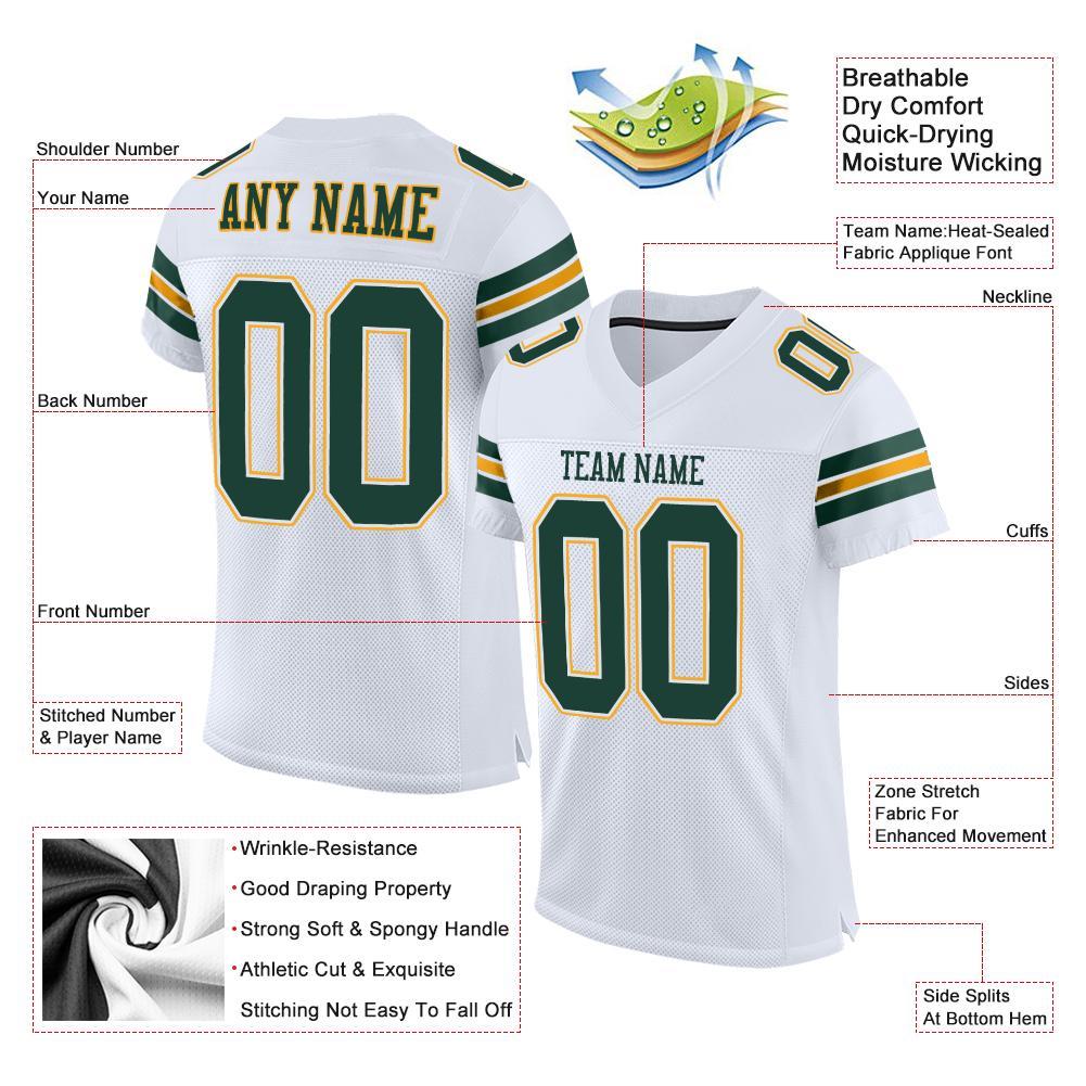 Custom White Green-Gold Mesh Authentic Football Jersey - Image 4