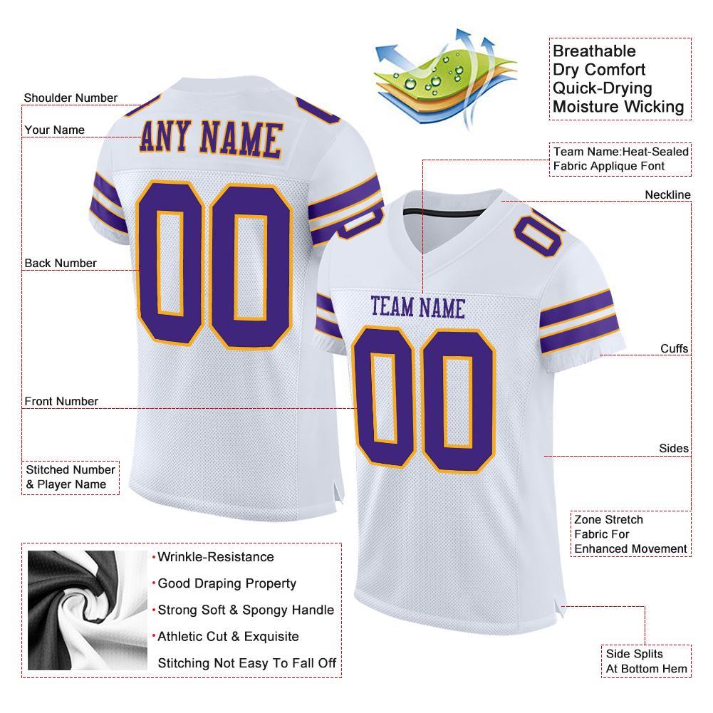 Custom White Purple-Gold Mesh Authentic Football Jersey - Image 4