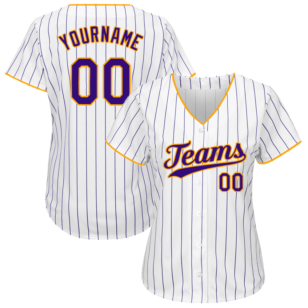Custom White Purple Pinstripe Purple-Gold Authentic Baseball Jersey - Image 3