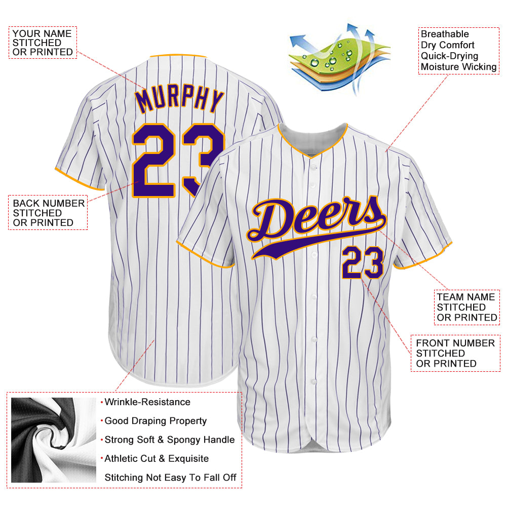 Custom White Purple Pinstripe Purple-Gold Authentic Baseball Jersey - Image 4