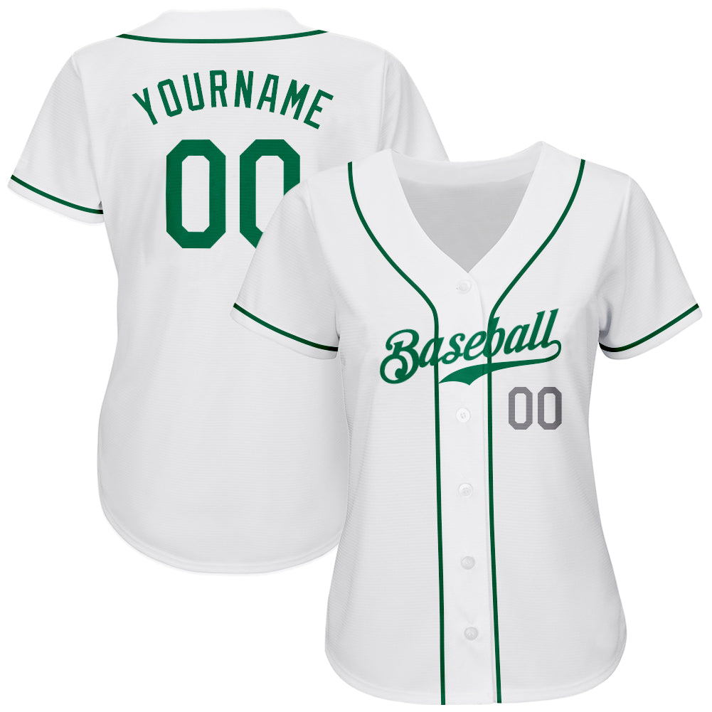 Custom White Kelly Green-Light Gray Authentic Baseball Jersey - Image 3