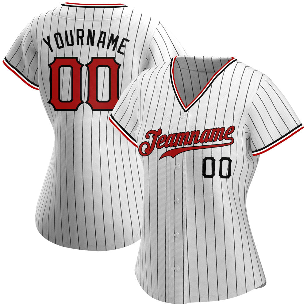 Custom White Black Pinstripe Red-Black Authentic Baseball Jersey - Image 3