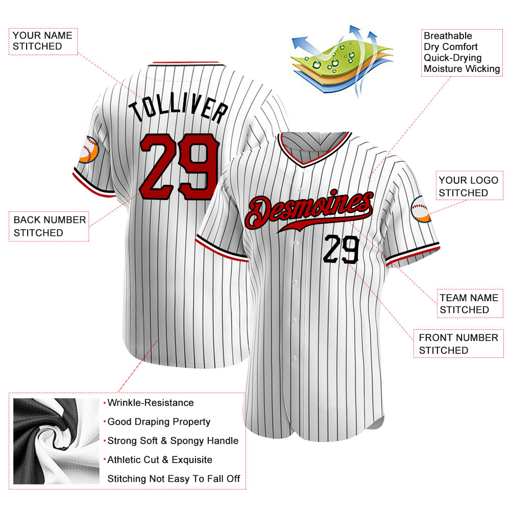 Custom White Black Pinstripe Red-Black Authentic Baseball Jersey - Image 4