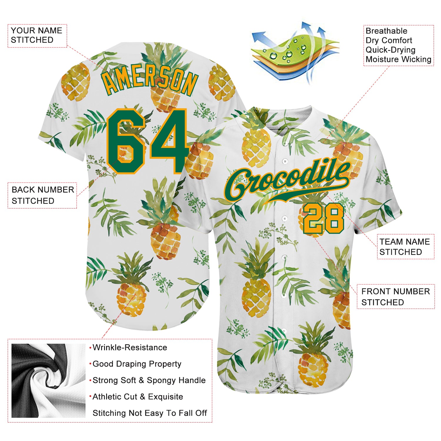 Custom White Kelly Green-Gold 3D Pattern Design Hawaii Pineapples Authentic Baseball Jersey - Image 4