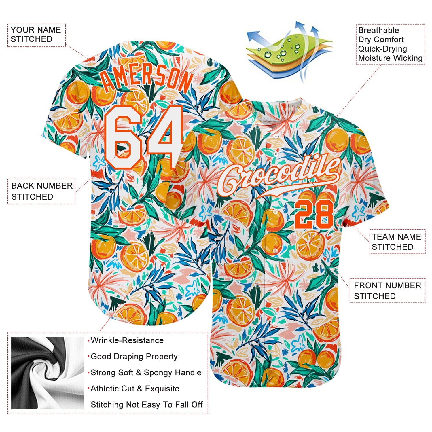 Custom White Orange 3D Pattern Design Fruit Authentic Baseball Jersey - Image 4
